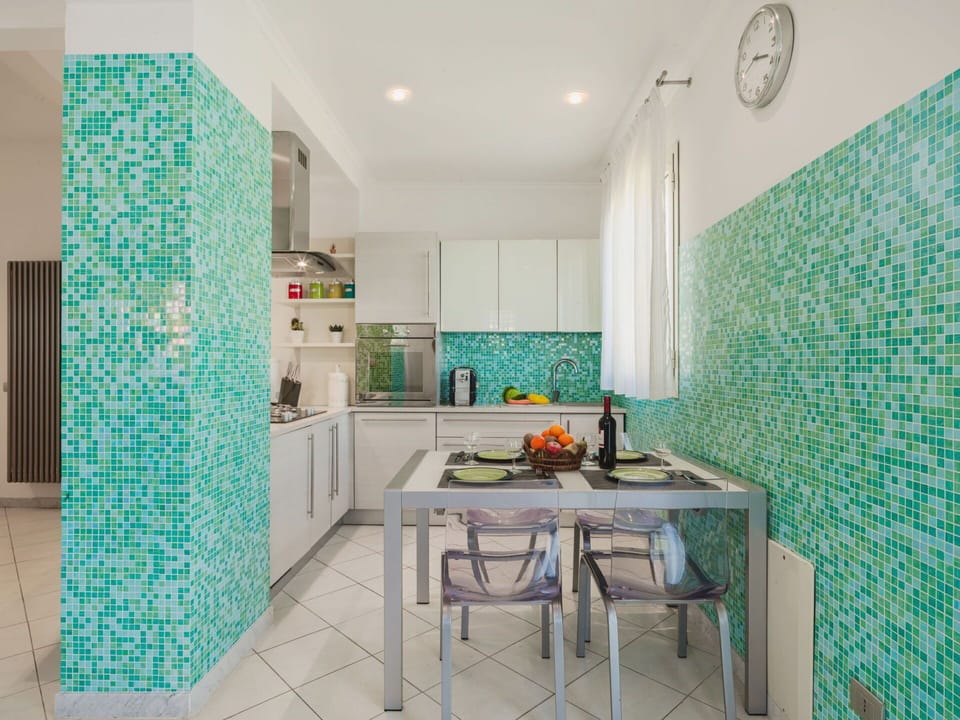 Blue, Flooring, Kitchen, Interior Design, Floor, Countertop, Tile, Mosaic, Natural Material, Paint