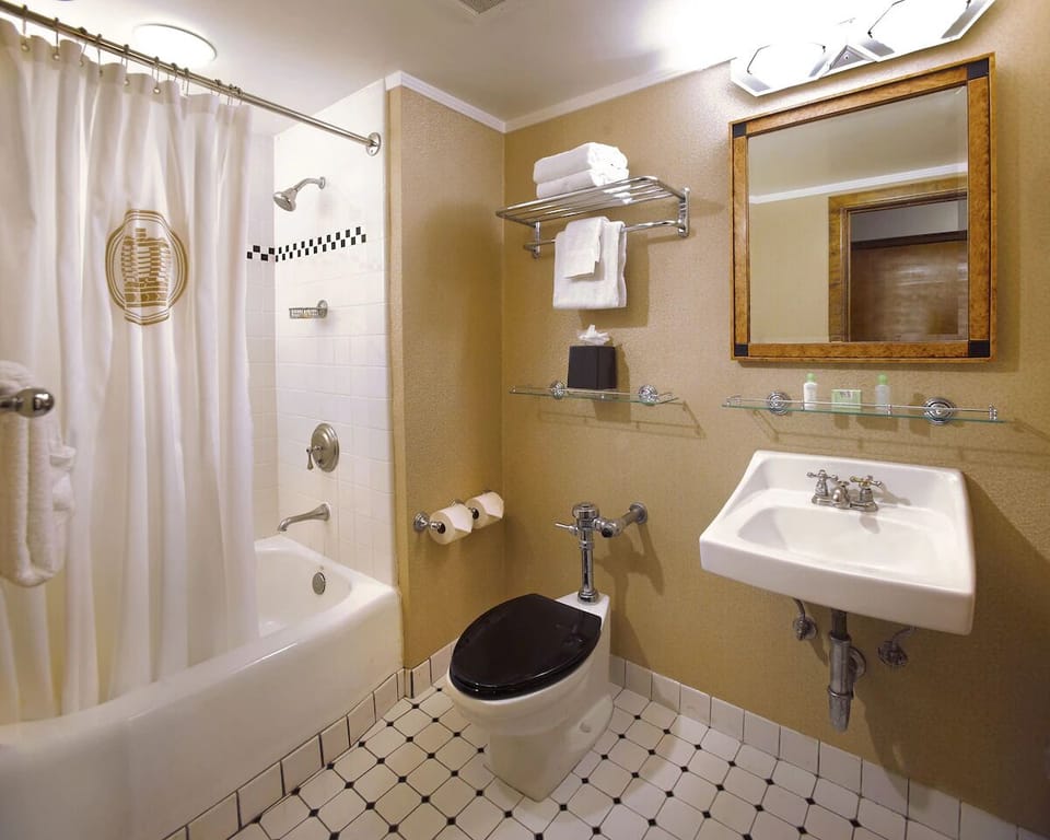 Refresh easily in a clean, well-lit bathroom with plush towels.