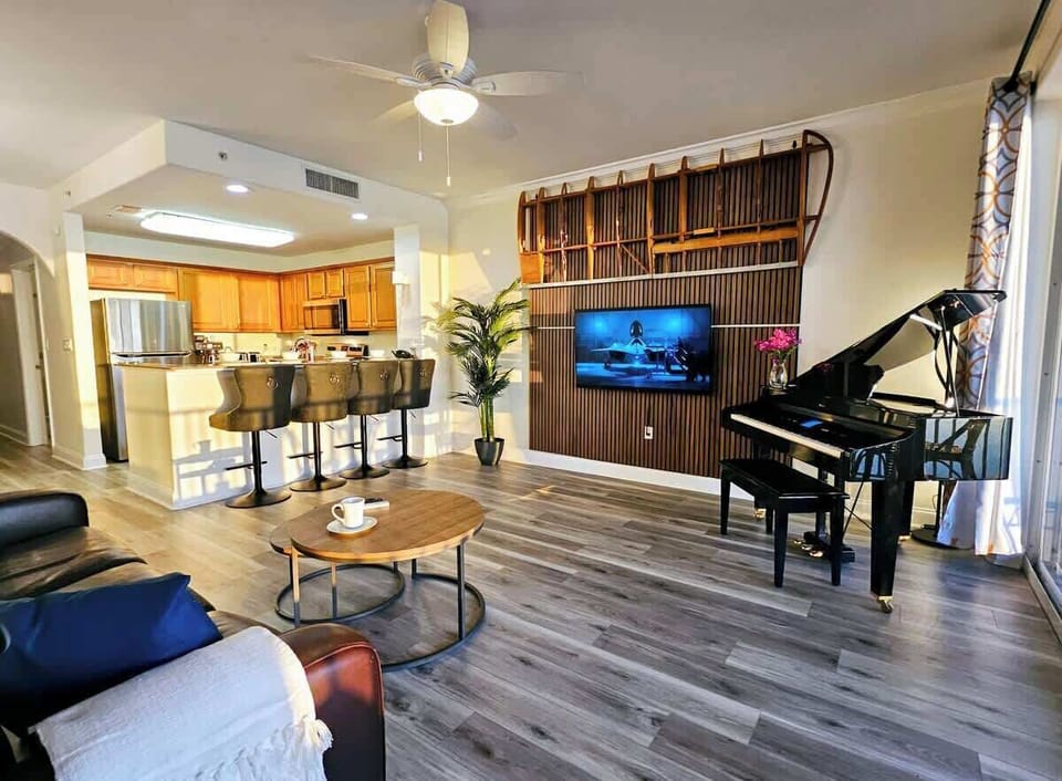 Wings from a 1940s Pitts sb1 plane grace the living room and bedroom too. The design blends well with being 210 feet up in our resort tower. 