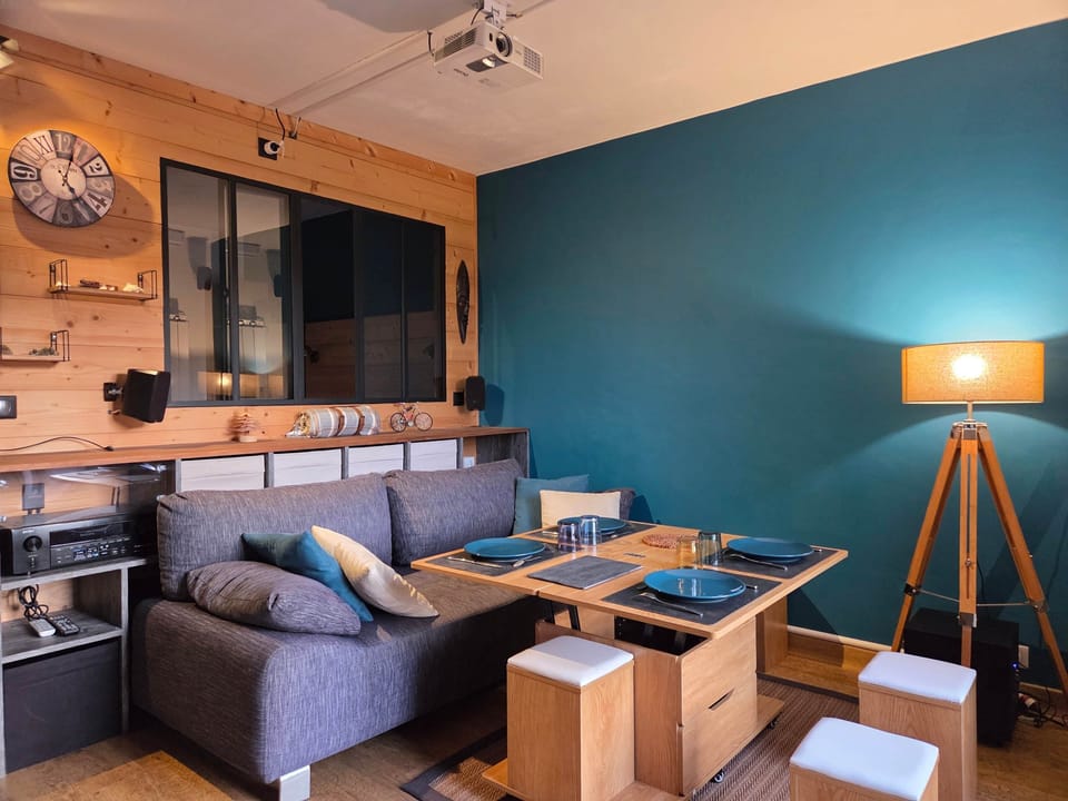A bright living room with plenty of storage space