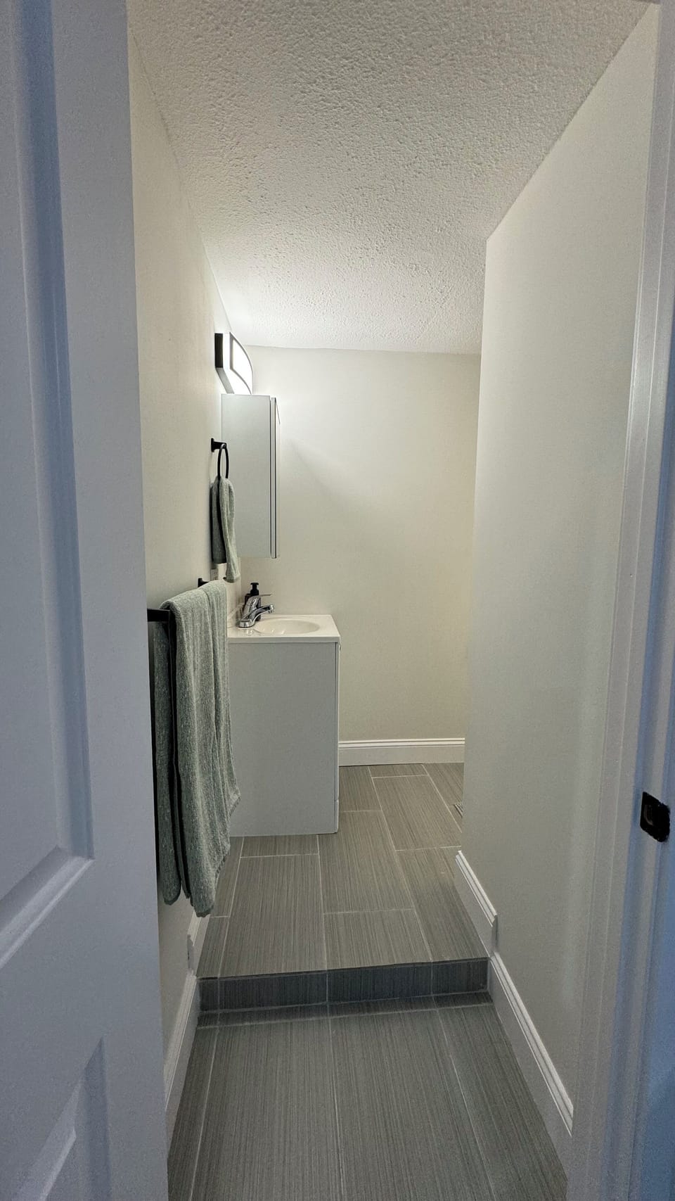 We point out a small step inside the bathroom. 