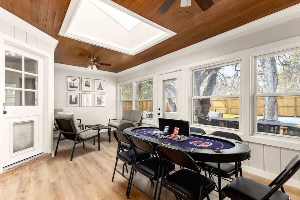 Our sunroom has been transformed into a poker room to play a card game with your family and friends