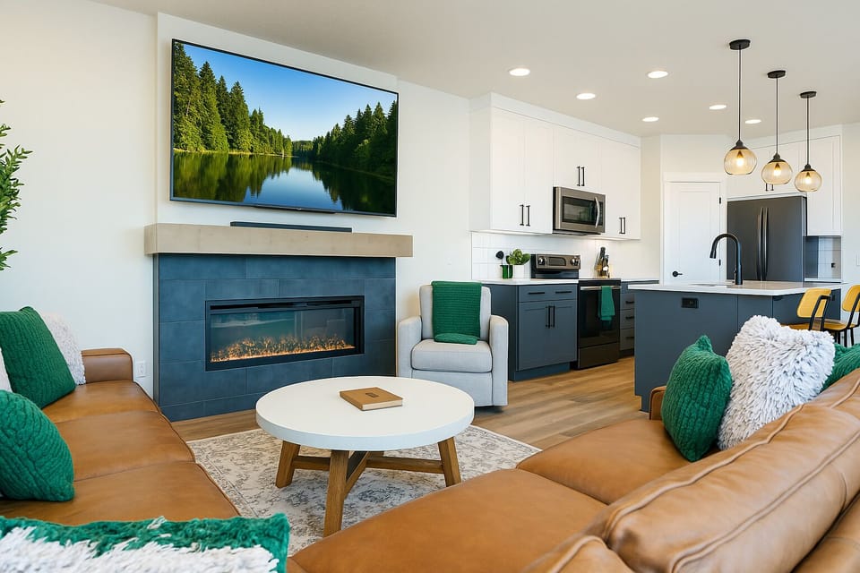 Kick back by the fire and enjoy the warm, modern vibe of the living room