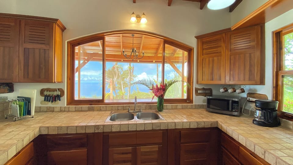 Kitchen looking out over pool area.