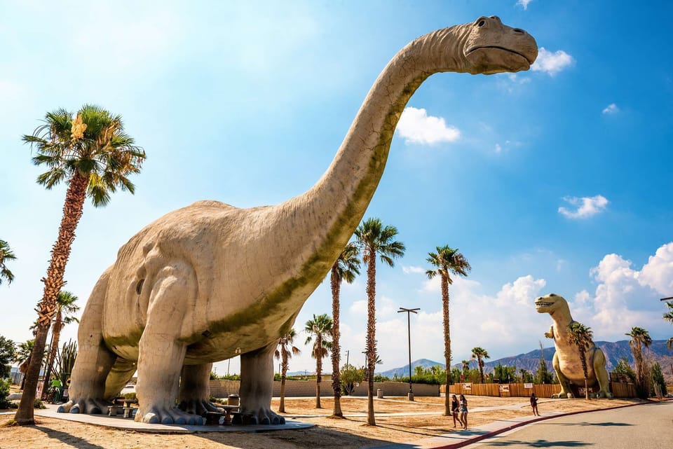 Just north of Palm Springs you’ll find the Cabazon Dinosaurs, a quintessential road trip pit stop with larger-than-life dinosaur sculptures, including a giant T-Rex you’ll see even if only passing along Interstate 10.