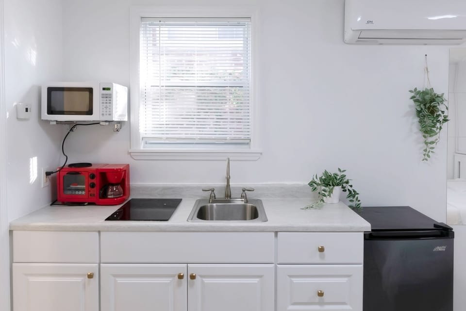 Kitchenette w/induction stove, microwave, toaster oven and refrigerator.