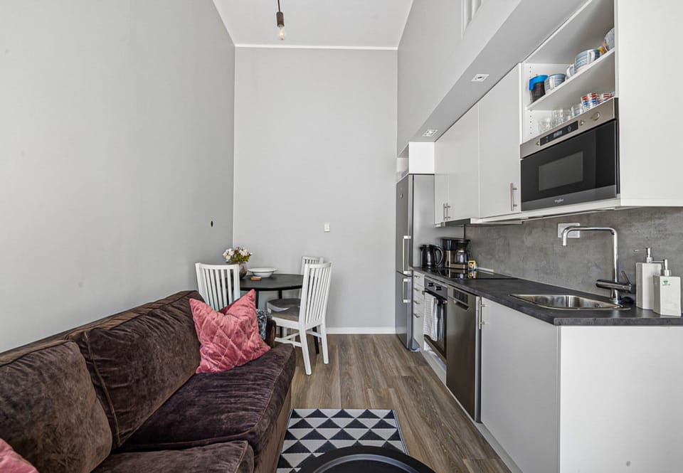 Small kitchen with dining area and sofa