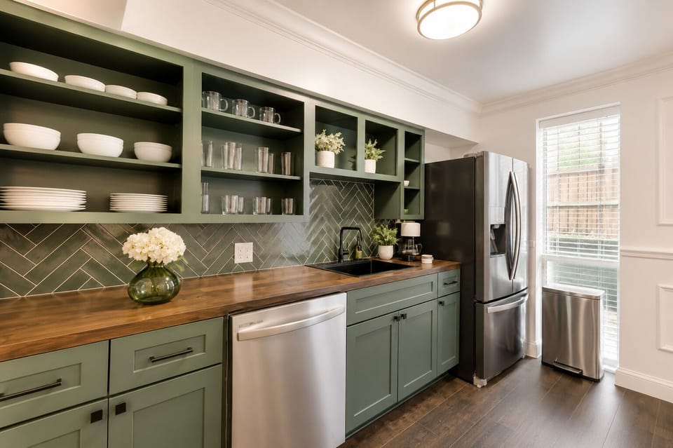 Fully equipped modern kitchen with a sleek island and beautiful green accents, adding an earthy yet sophisticated touch of elegance to your space.