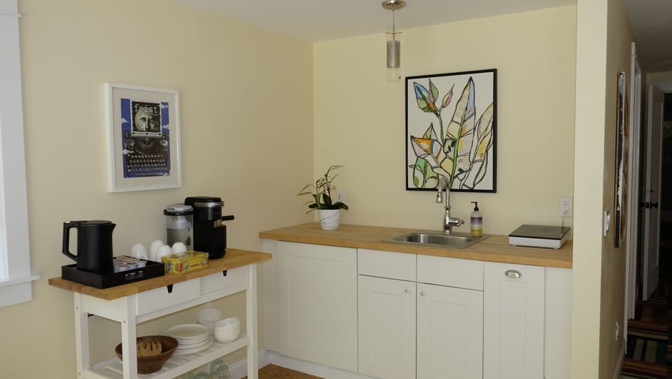 Kitchenette with microwave, kettle, coffee maker, toaster oven, induction stove