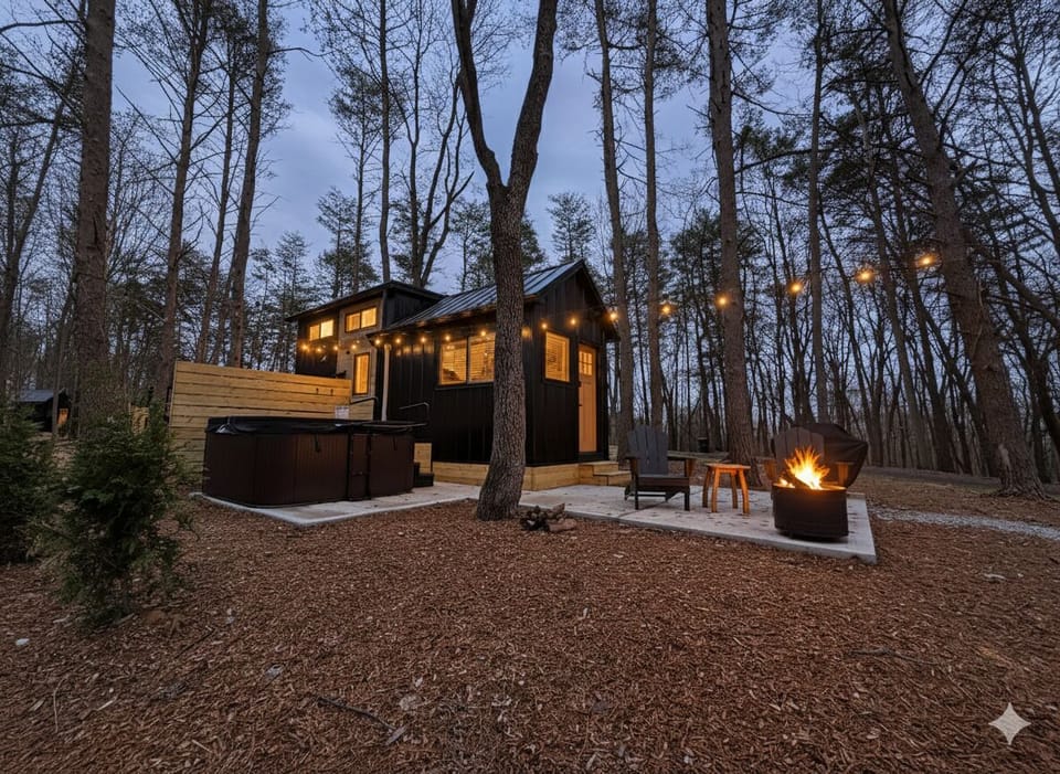 Soak under the stars in your personal hot tub, warm up by the fire with cozy Adirondack seating, and grill dinner surrounded by towering pines—your perfect woodland retreat awaits.