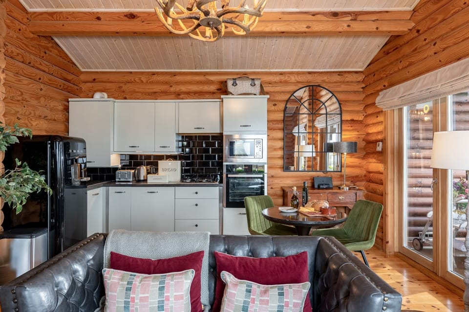 Stylish open-plan lounge and kitchen with log walls and modern appliances in Spindrifter lodge.