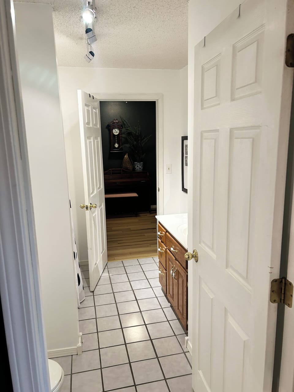 Two doors into the clean and bright bathroom