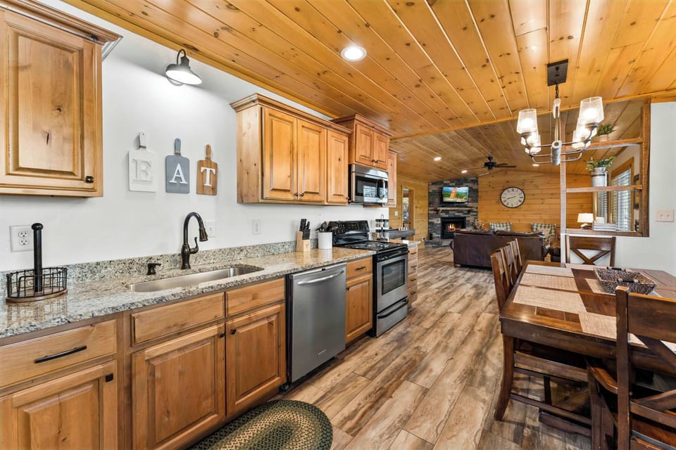 Open kitchen, dining, and kitchen space