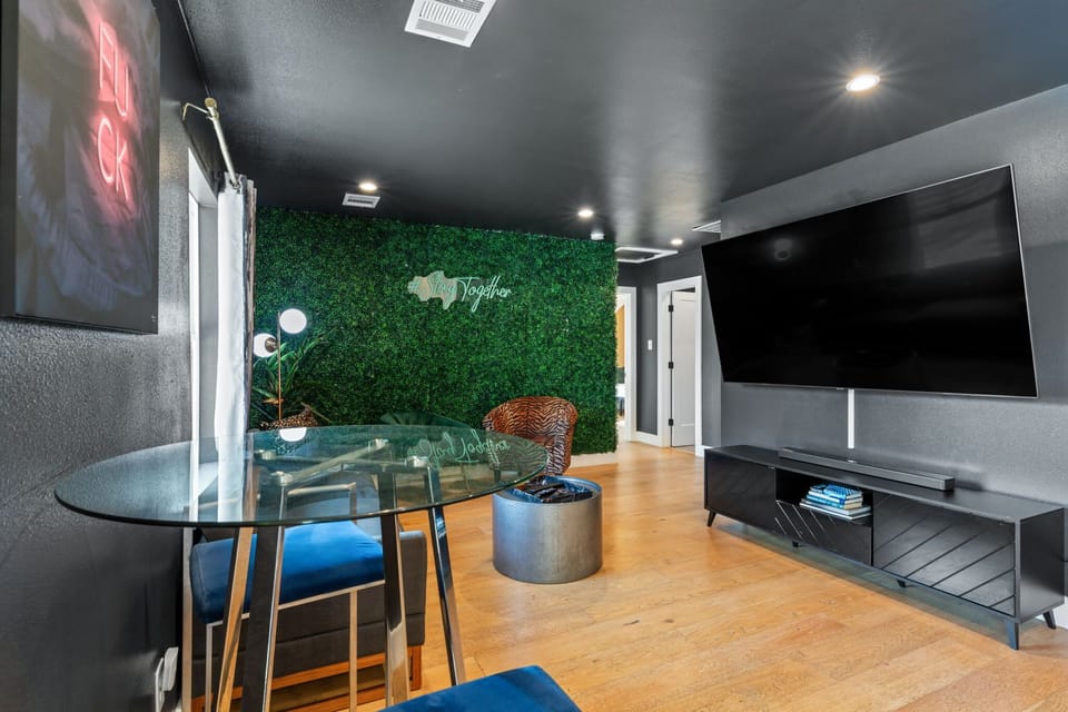 Cozy and trendy living area with Smart TV