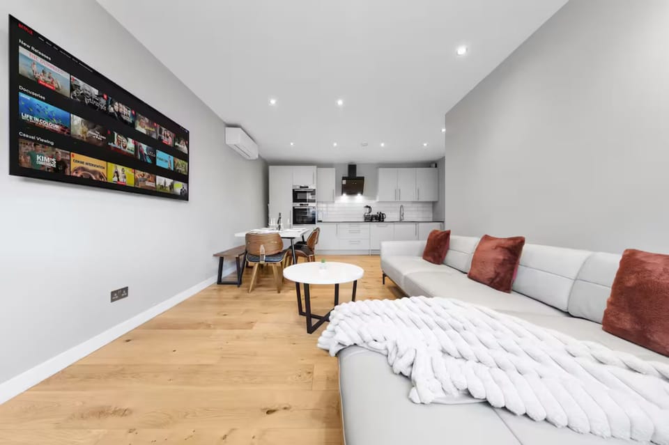 Spacious living-dining layout in this stylish short-term rental.