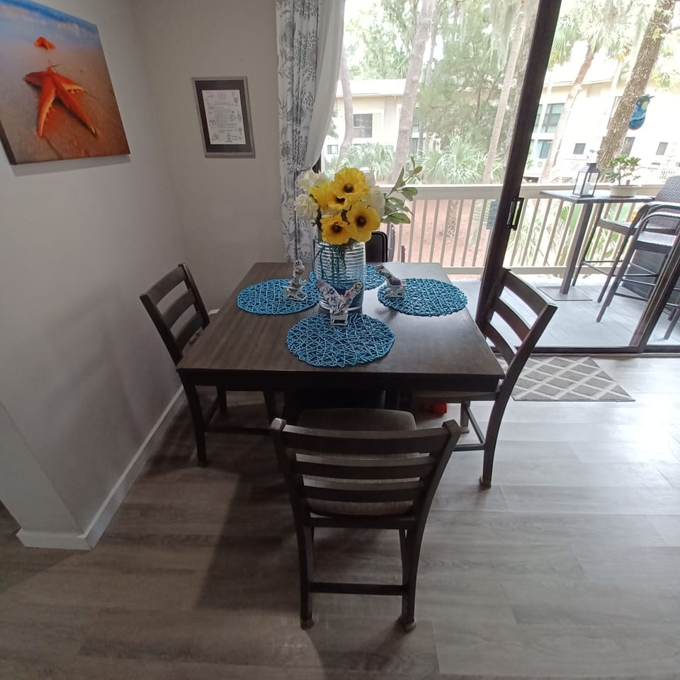 Cozy dining, candles included.