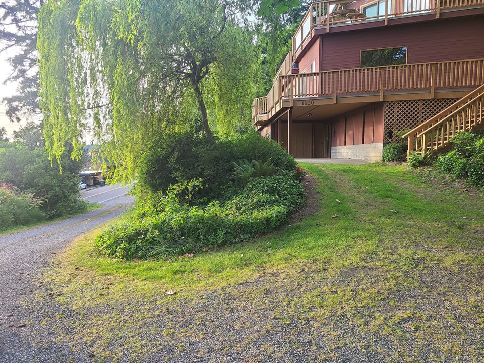 The gravel driveway, the willow tree and the Sweet Suite (carport) Parking.