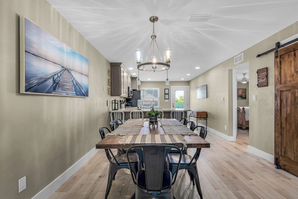 Dining table and kitchen area