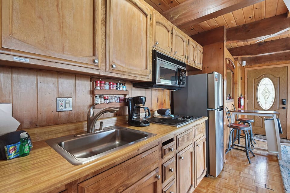 Kitchen appliances: blender, stove, microwave, fridge