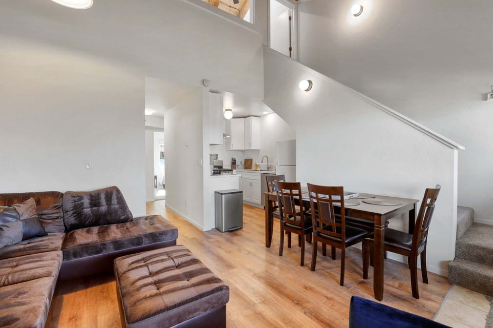 Living, dining, and kitchen area