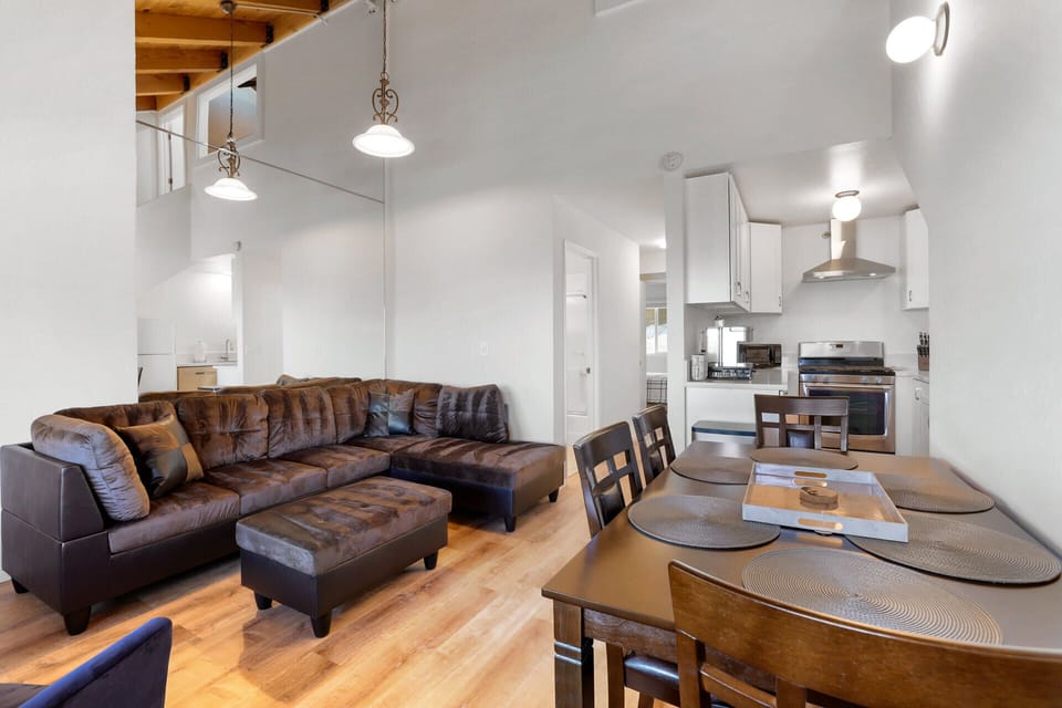Dining, living, and kitchen area