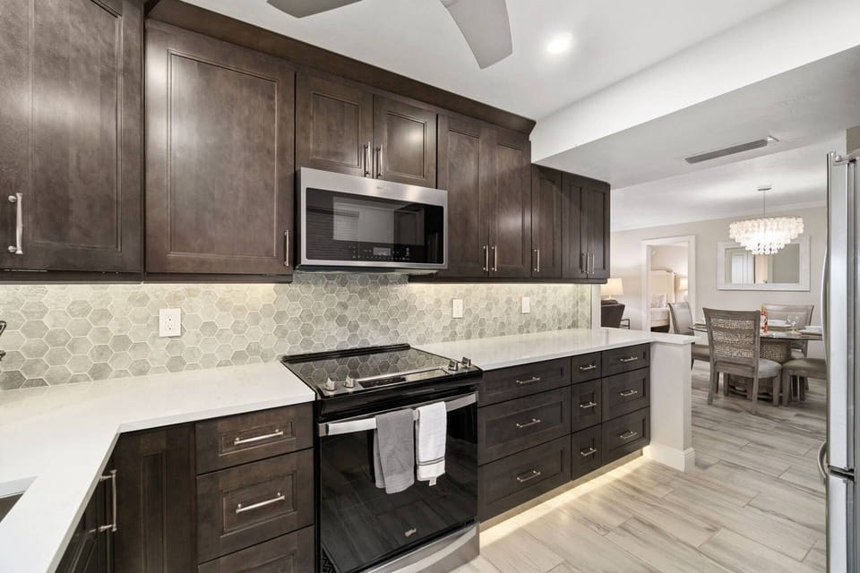 The kitchen is fully equipped and ready for any cooking or cocktailing endeavor.