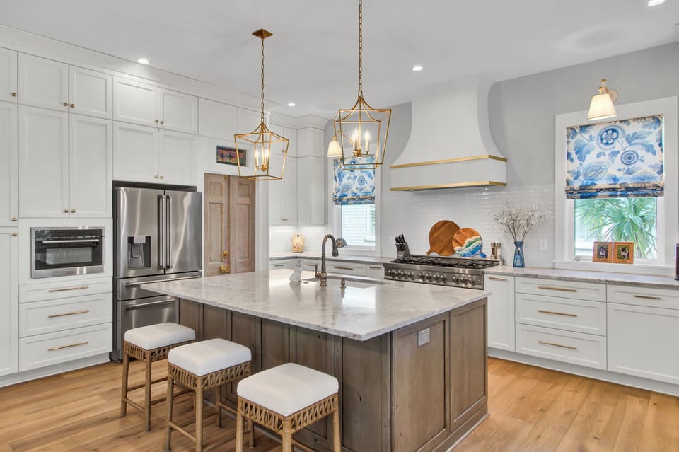 Barstool seating at the kitchen island.
