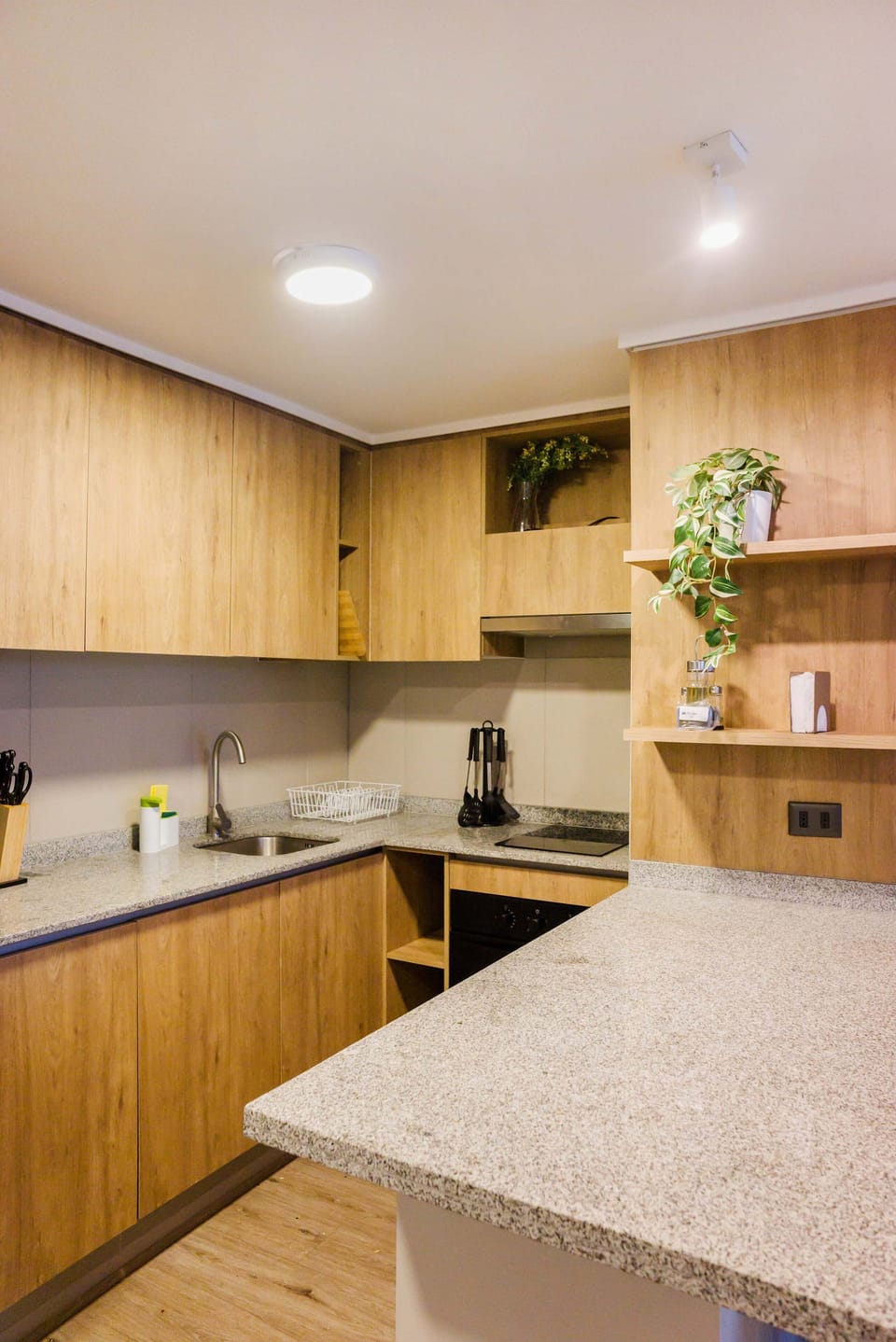 Experience culinary delight in this sleek, modern kitchen with elegant wooden finishes and ample counter space.