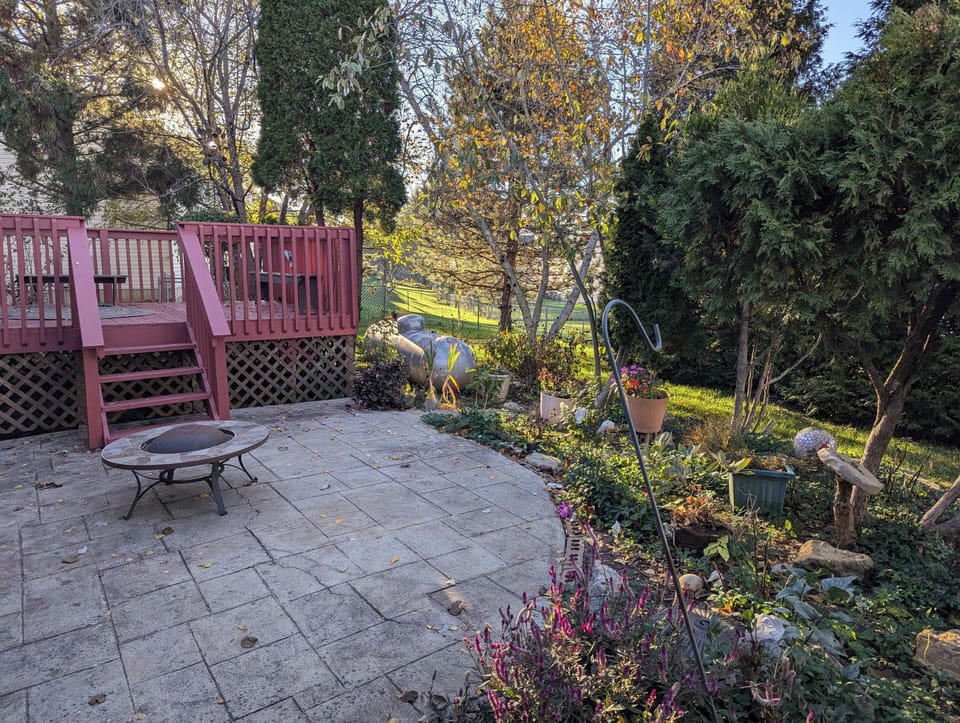 Back deck and patio with firepit and propane grill