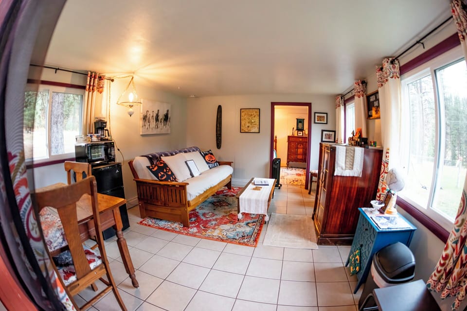 Living space w/ futon, dining table & chairs, frig, microwave, TV, A/C, coffee.