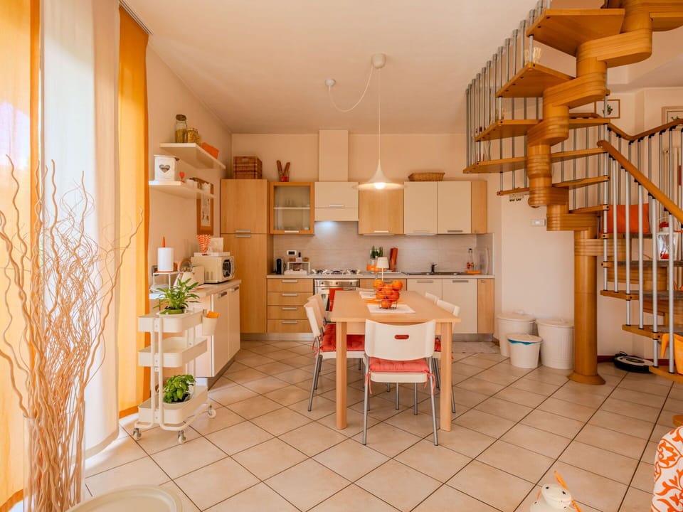 Interior Design, Furniture, Flooring, Wood, Floor, Ceiling, Orange, Kitchen, Room, Chair