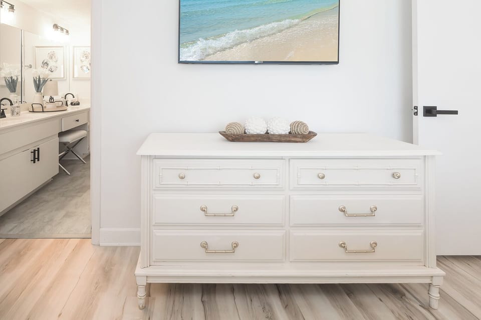Unpack, unwind, and feel at home with a spacious dresser and Smart TV for your comfort and convenience
