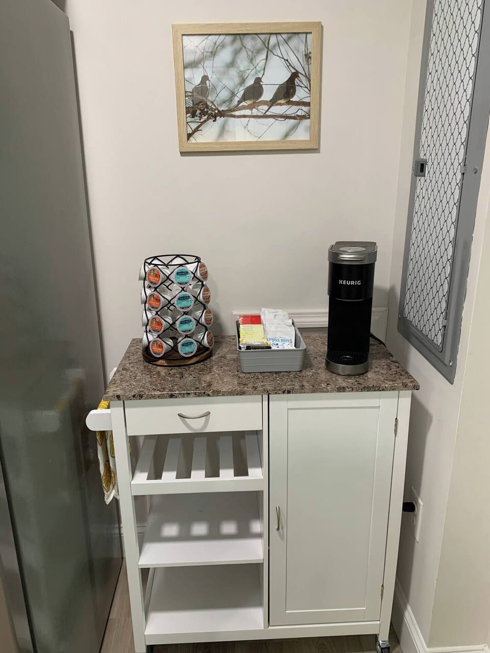 Keurig coffee maker + pods (there's a regular coffee maker if you prefer)