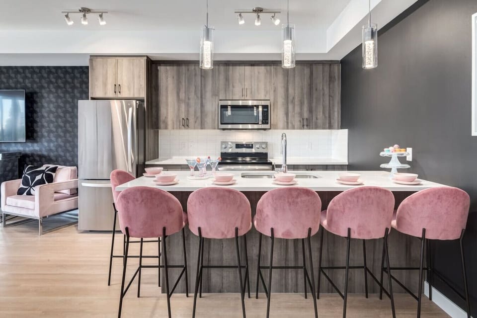 Kitchen island seats up to 6.