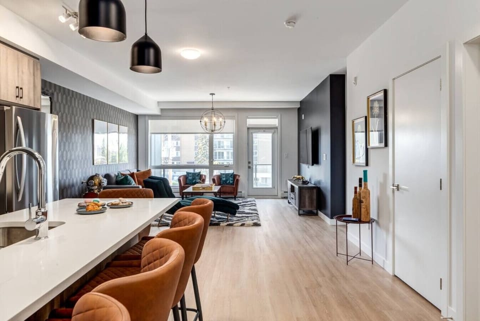 View of the kitchen and living room area.