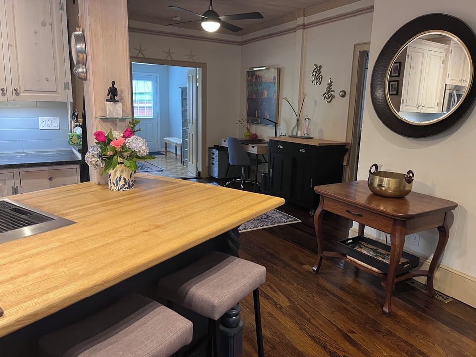 Large kitchen area with designated work area.