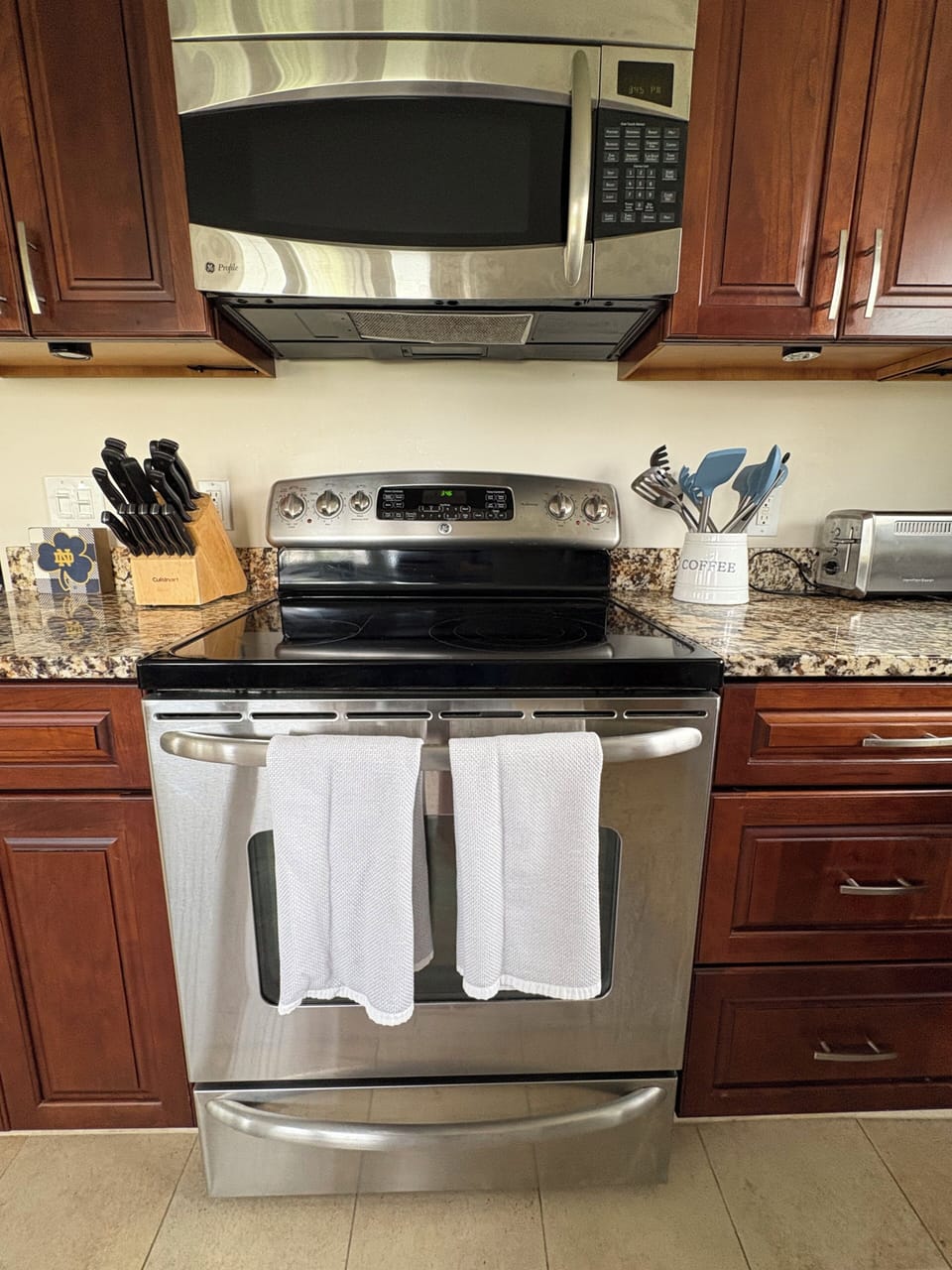 Stainless steel appliances and always adding new utensils and fun cookware. 
