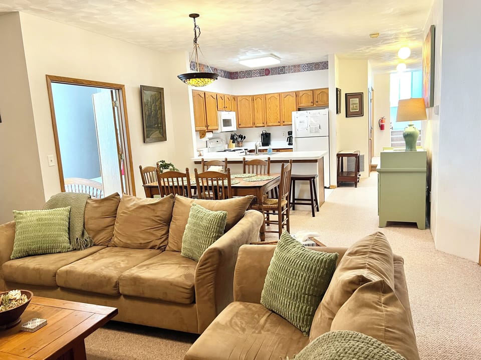 View from living room to kitchen and dining area