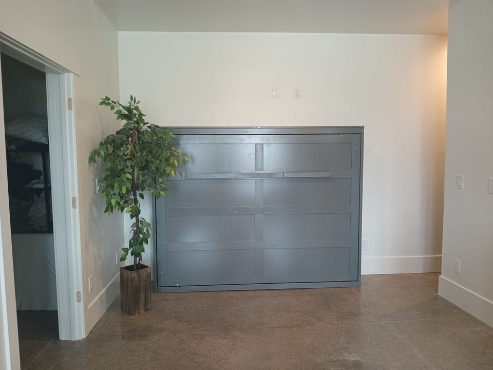 queen Murphy bed, folds down for night use and up into the cabinet for day use.