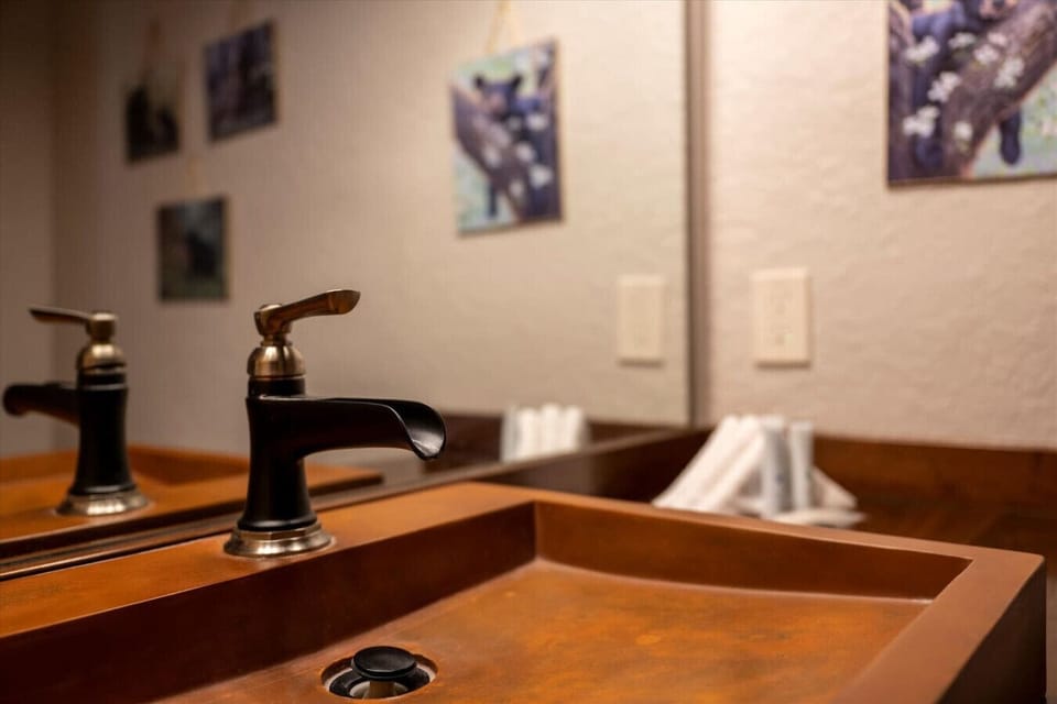 Custom woodwork, warm lighting, and a sleek vanity make this bathroom a cozy mountain retreat.