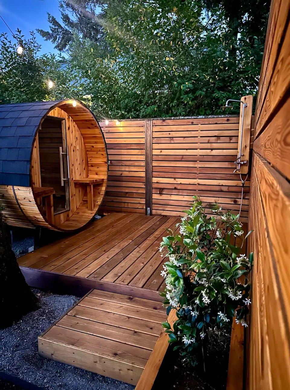 Enjoy the cedar sauna and outdoor shower under the stars.
