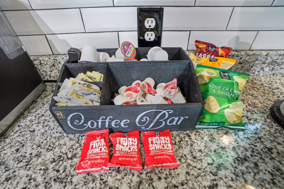 Coffee Creamer, Coffee, Sugar and Snacks.
