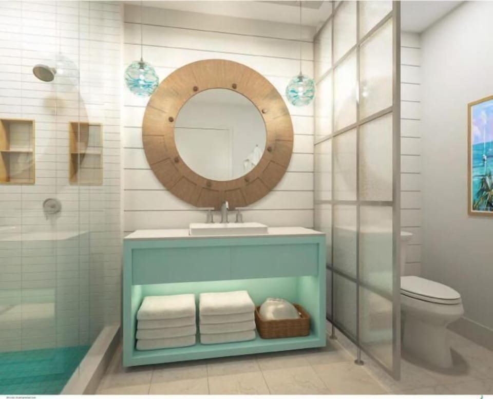 Ease into your routine with bright vanity lighting and space.