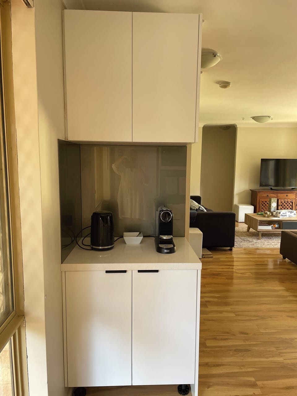 coffee nook space.  toaster stored in cupboard below.  