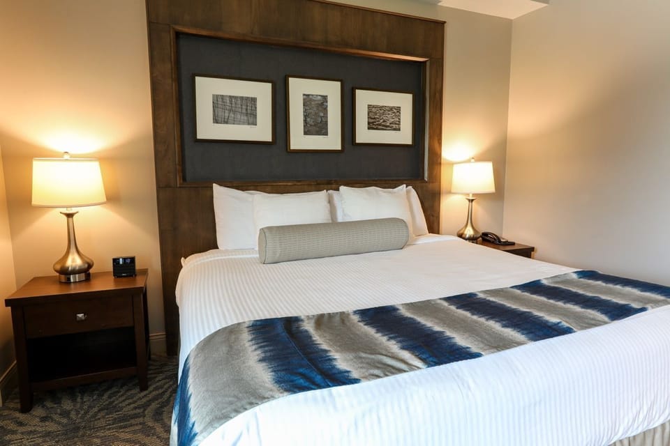 Elegant room featuring a plush bed, stylish décor, and bedside lighting for a cozy ambiance.