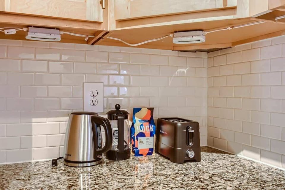 Enjoy a cup of coffee using our French press and kettle. 