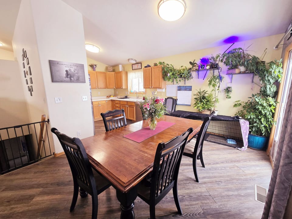 Dining room, 6 chairs around table, Living Plants, view of pond, back patio!