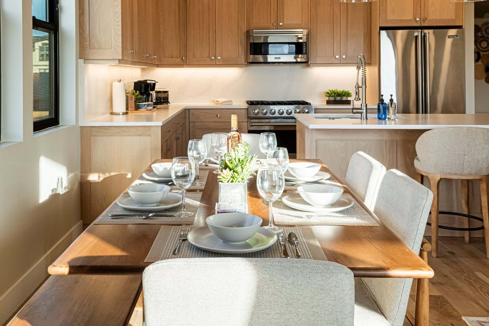 Lovely wood dining table with seating for up to seven