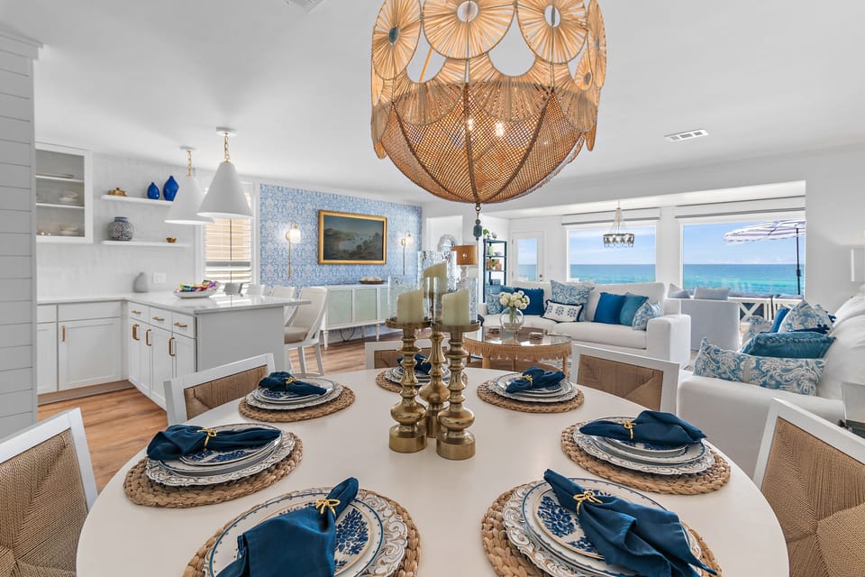 Dining with Gulf and Beach Views! Seating for 12 in the Dining Room/Kitchen + seating for 8 on the patio