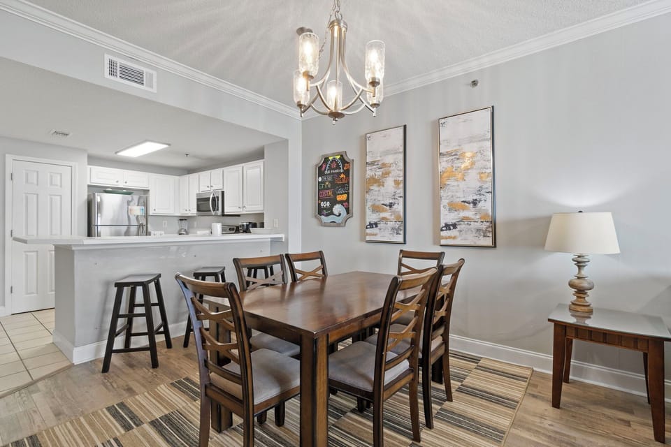 The dining table has seating for 6